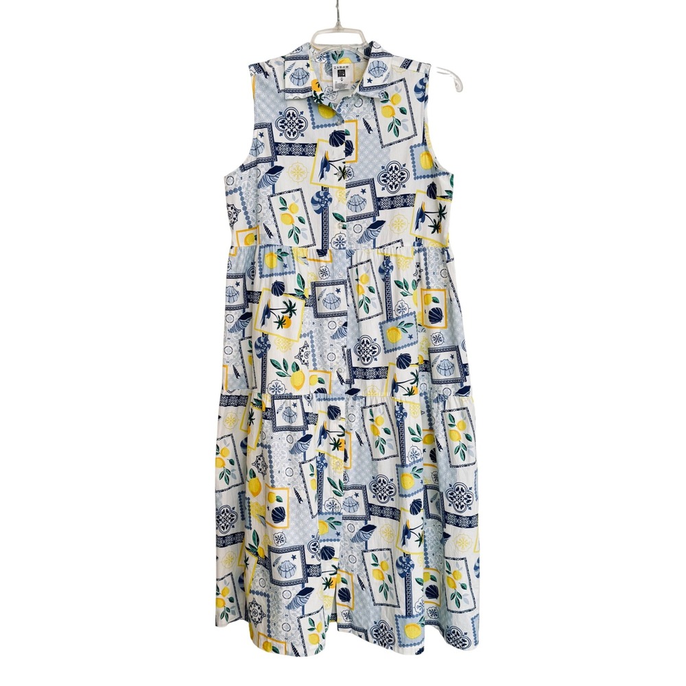 Alex's Lemonade Stand Cotton Tiered Midi Dress Mediterranean Lemon Print Medium